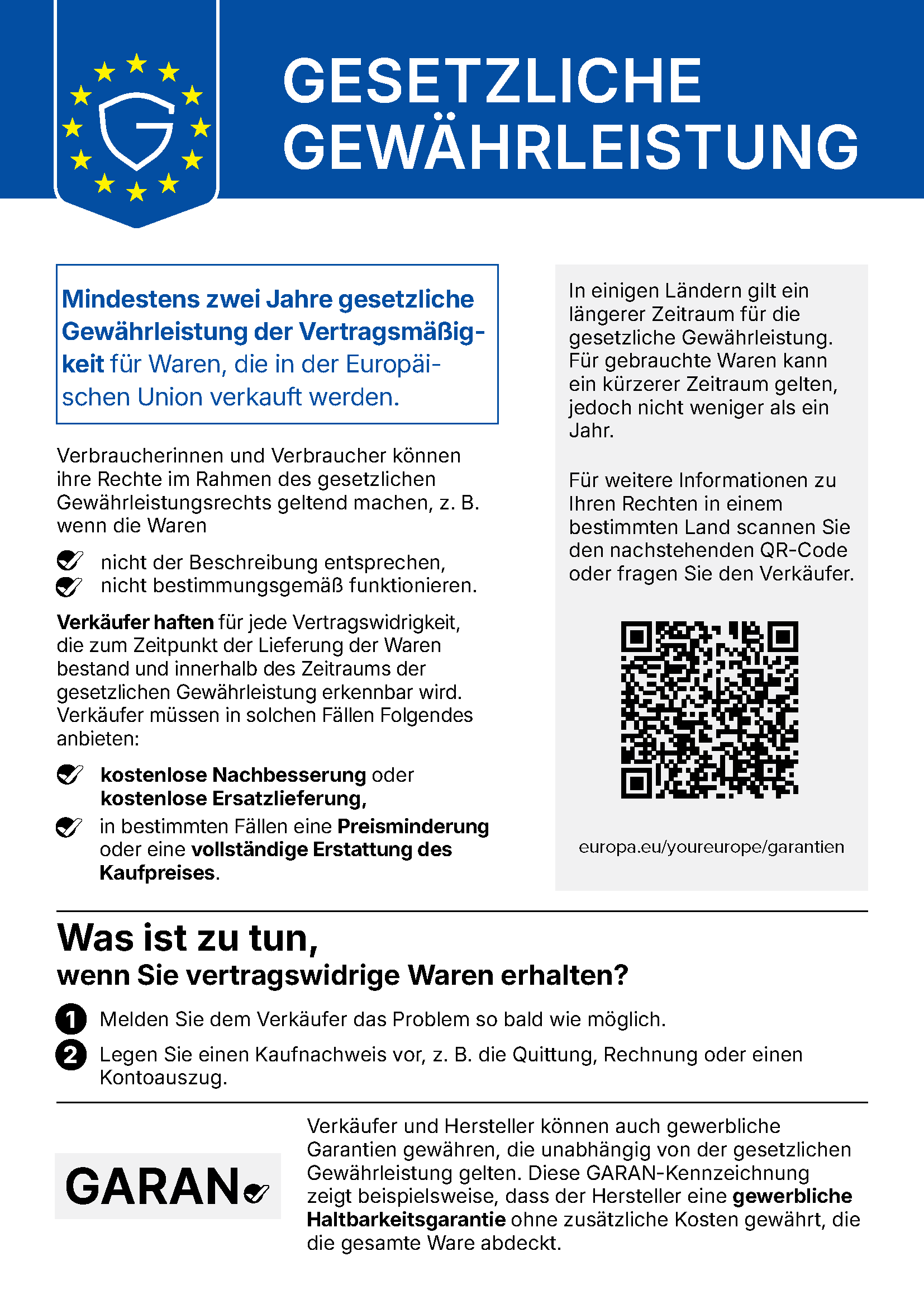 Offizieller EU-Hinweis: Gesetzliche Gewährleistung. Der vollständige Wortlaut steht unten als Text zur Verfügung.