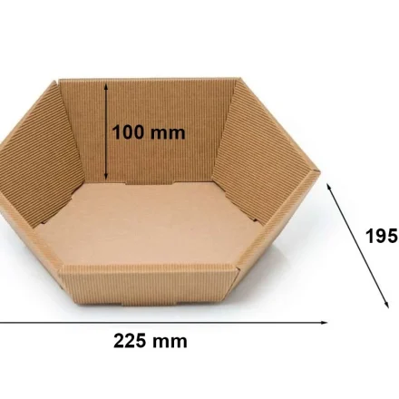 Sechseckige, gesponnene Schachtel aus braun Pappe 195x225 mm